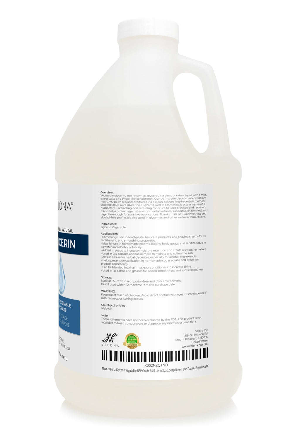 Velona Glycerin Vegetable USP Grade clear odorless liquid ideal for moisturizers