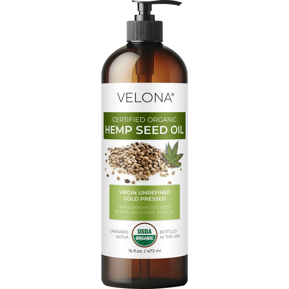 Velona Hemp Seed Oil bottle for skin and hair nourishment.