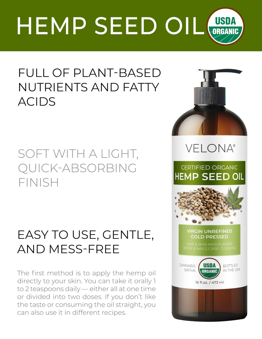 Velona Hemp Seed Oil pour demonstrates convenient daily use.
