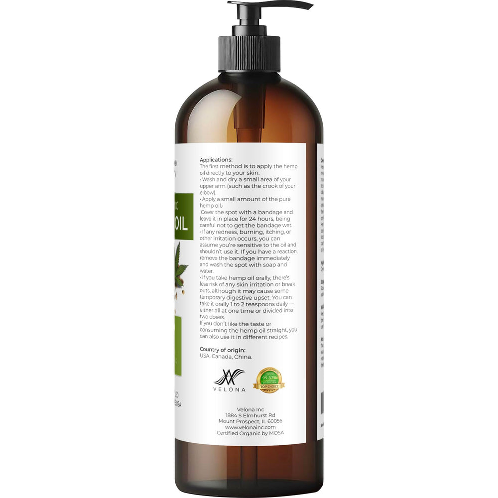 Velona Hemp Seed Oil USA bottling reinforces domestic quality and packaging.