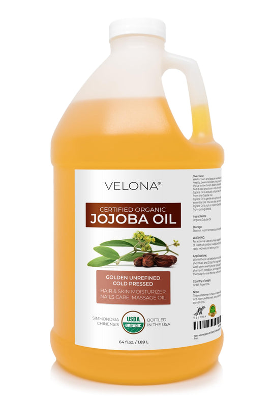 Velona Jojoba Oil 64oz bottle for skin and hair care benefits.