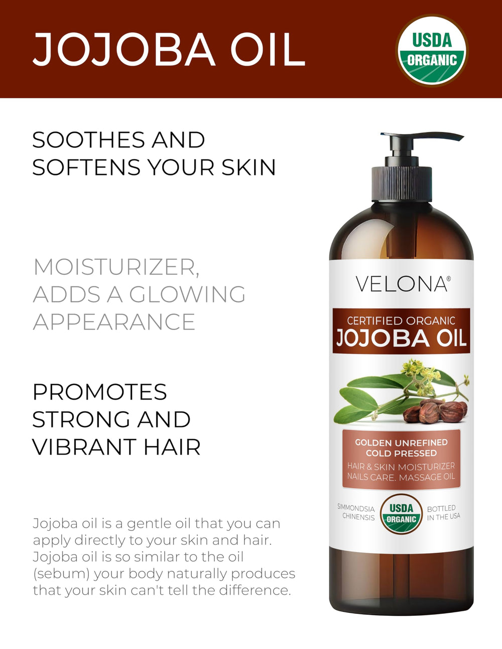 Velona Jojoba Oil bottle close-up, golden unrefined formula for natural glow.