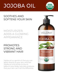 Velona Jojoba Oil bottle close-up, golden unrefined formula for natural glow.