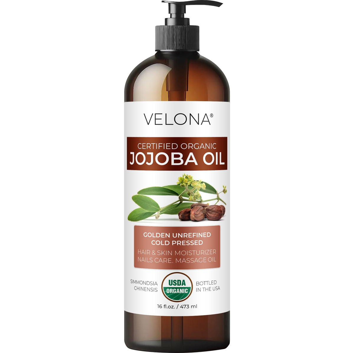 Velona Jojoba Oil bottle with pump for easy application and mess-free moisturizing