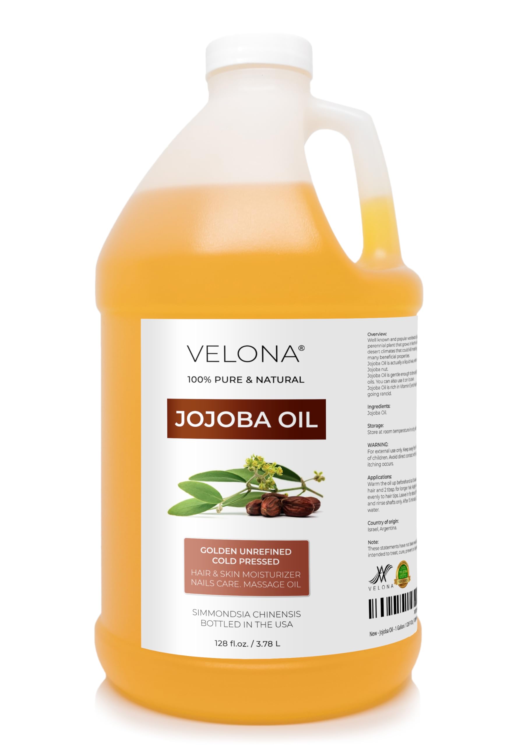 Velona Jojoba Oil bottle shown, pure hydration for face and body.