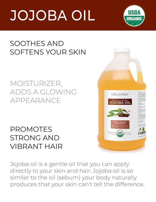 Velona Jojoba Oil close-up label highlighting USDA Organic certification.