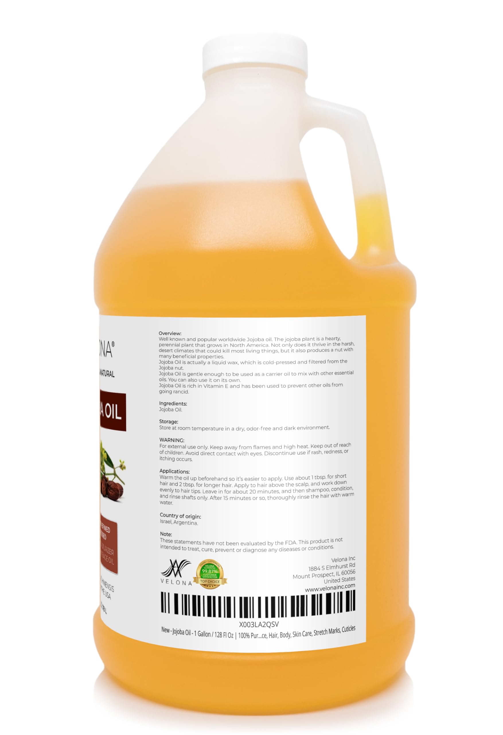 Velona Jojoba Oil label highlights 100% pure, cold-pressed formula.