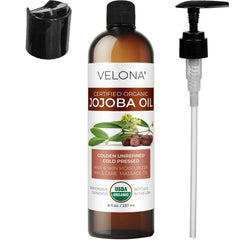 Velona Jojoba Oil packaging, USA bottled and hexane-free.
