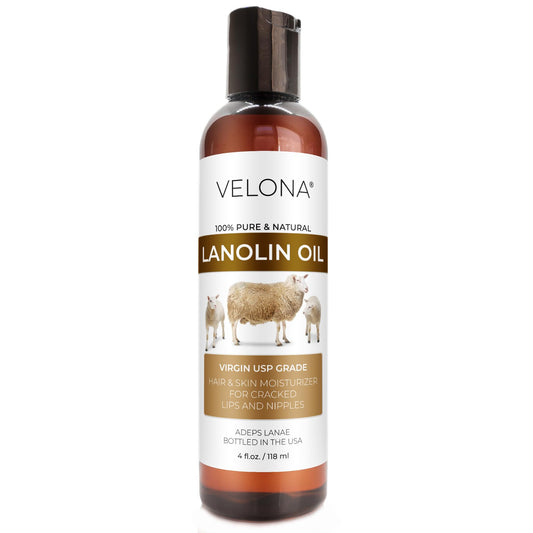 Velona Lanolin Oil bottle with drop for skin moisture.