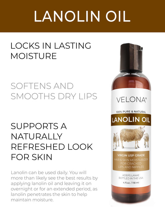 Velona Lanolin Oil close-up label shows purity for skin and hair care.