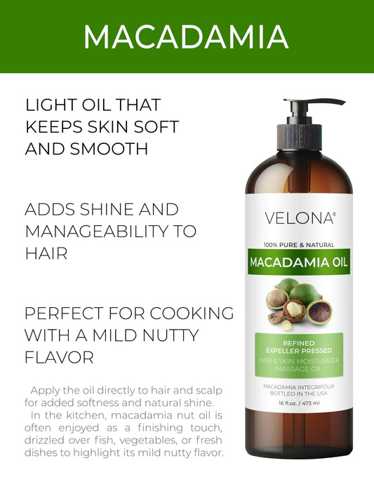 Velona Macadamia Oil 32oz container emphasizes high-heat cooking stability.