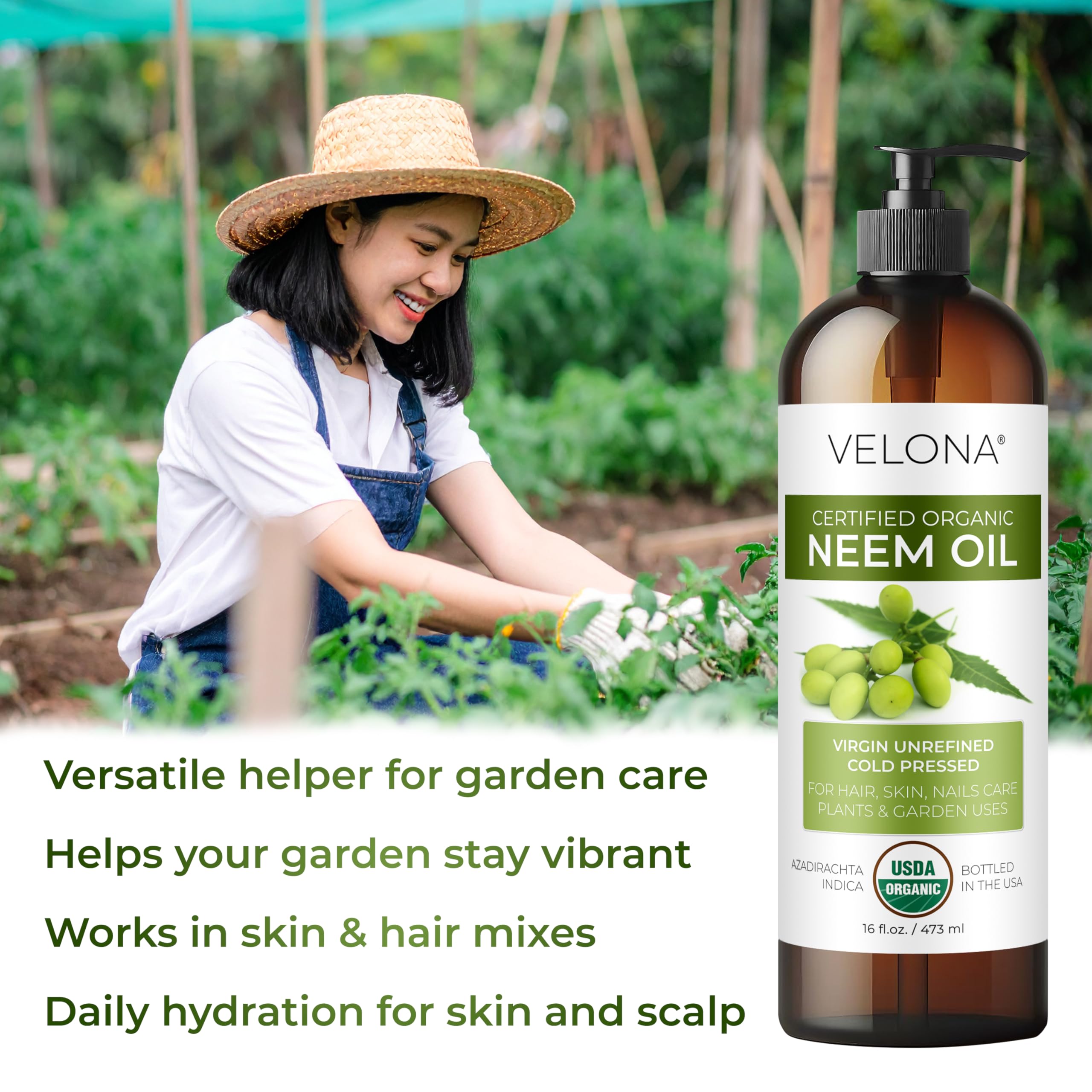 Velona Neem Oil for skin and hair care; unrefined oil supports nourishing routines.