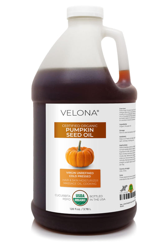 Velona pumpkin seed oil in amber bottle for cooking and finishing dishes