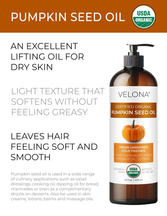Velona pumpkin seed oil label closeup shows USDA organic, cold-pressed quality.