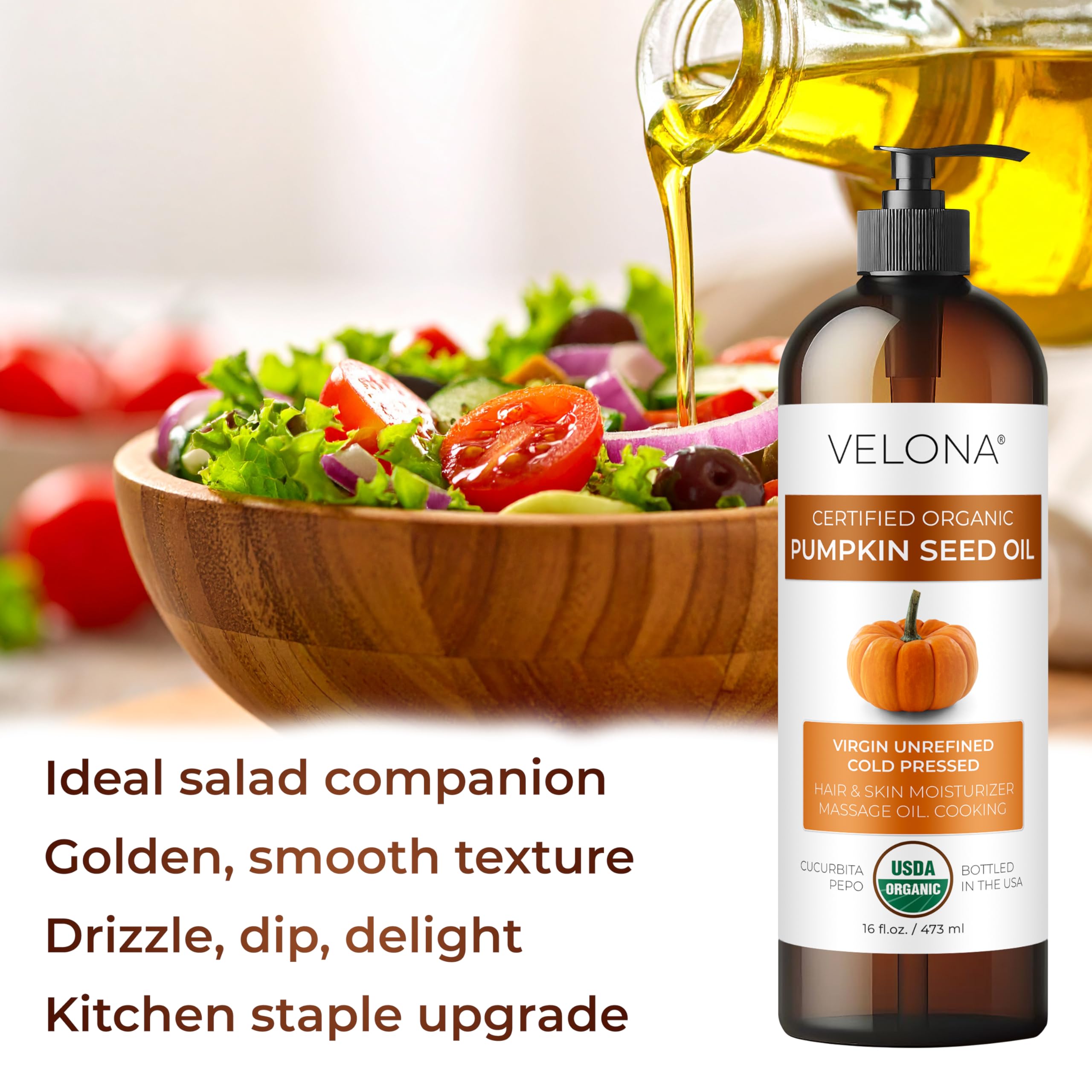 Velona pumpkin seed oil used in salads for finishing.