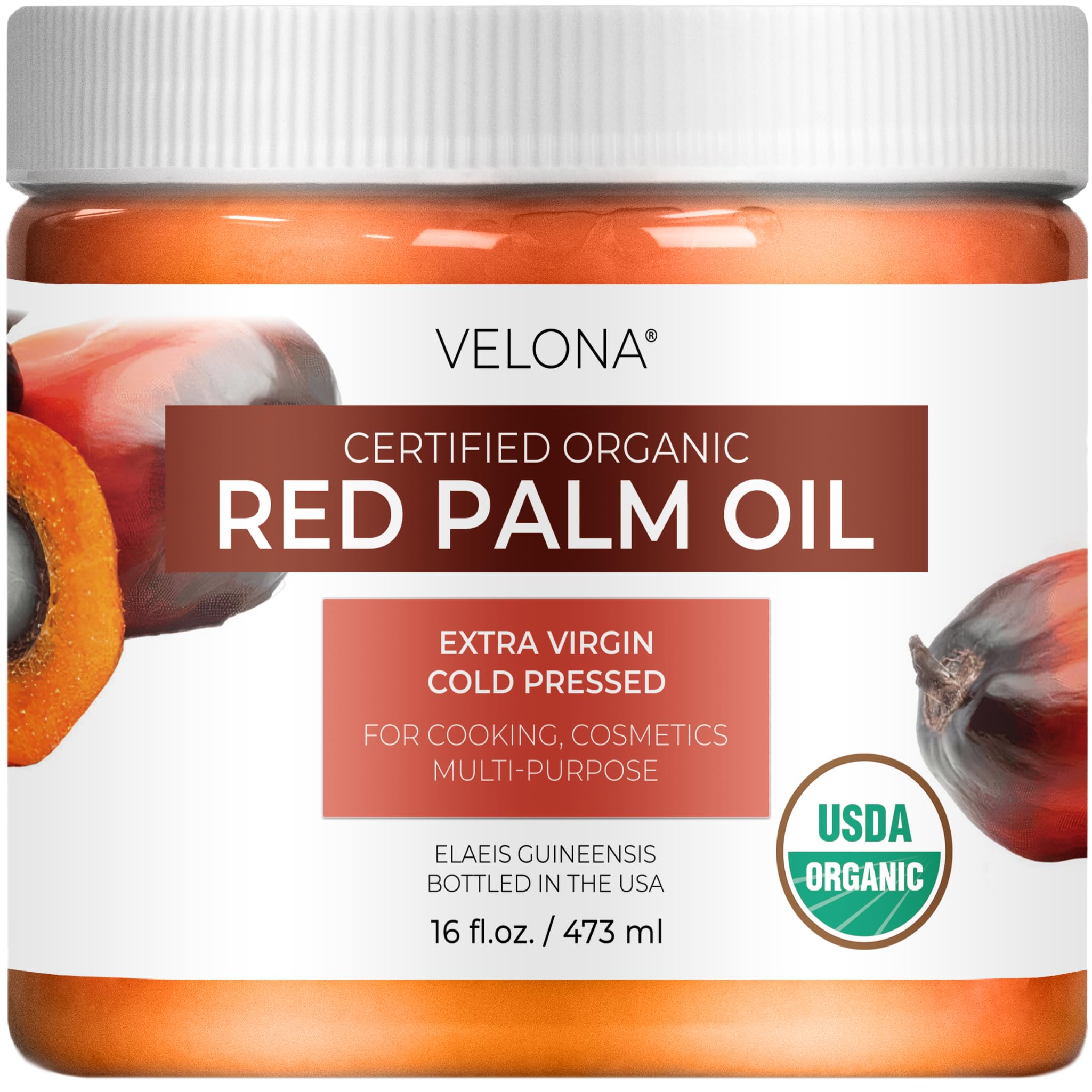 Velona red palm oil 16oz jar, top view, rich in carotenoids for cooking and skincare.