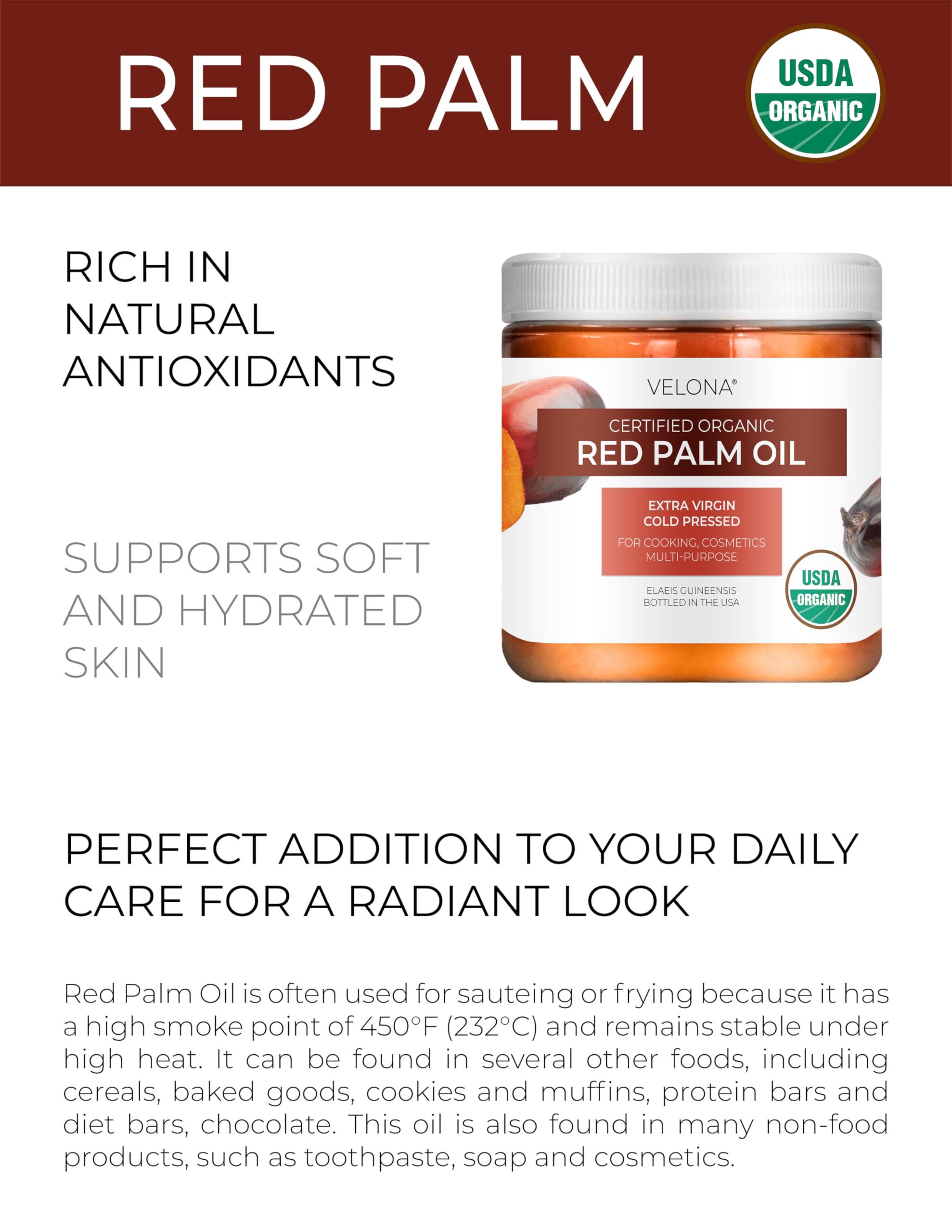 Velona red palm oil color-rich closeup shows vibrant hue for cooking and care.