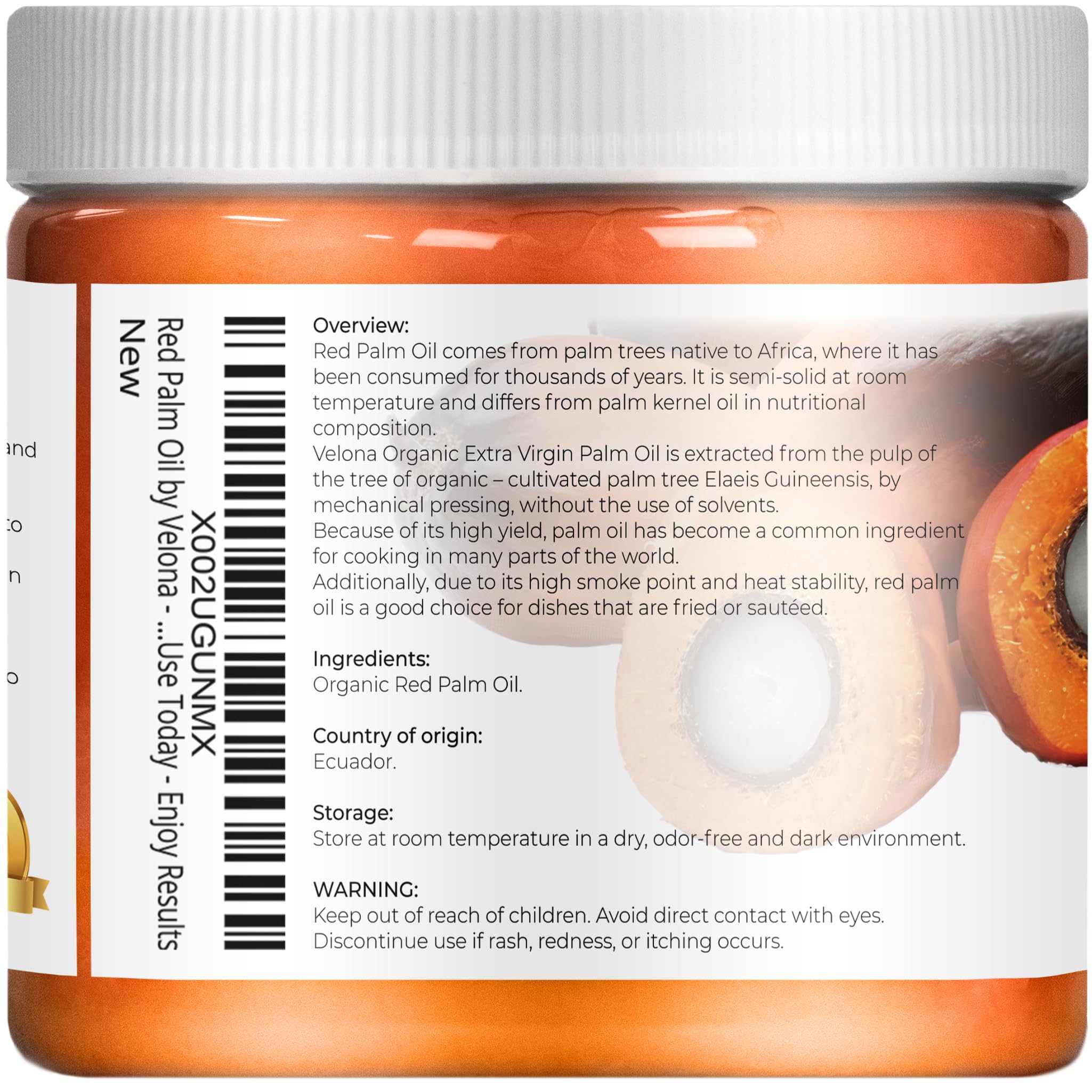 Velona red palm oil for cooking, sautéing, and frying with heat stability.