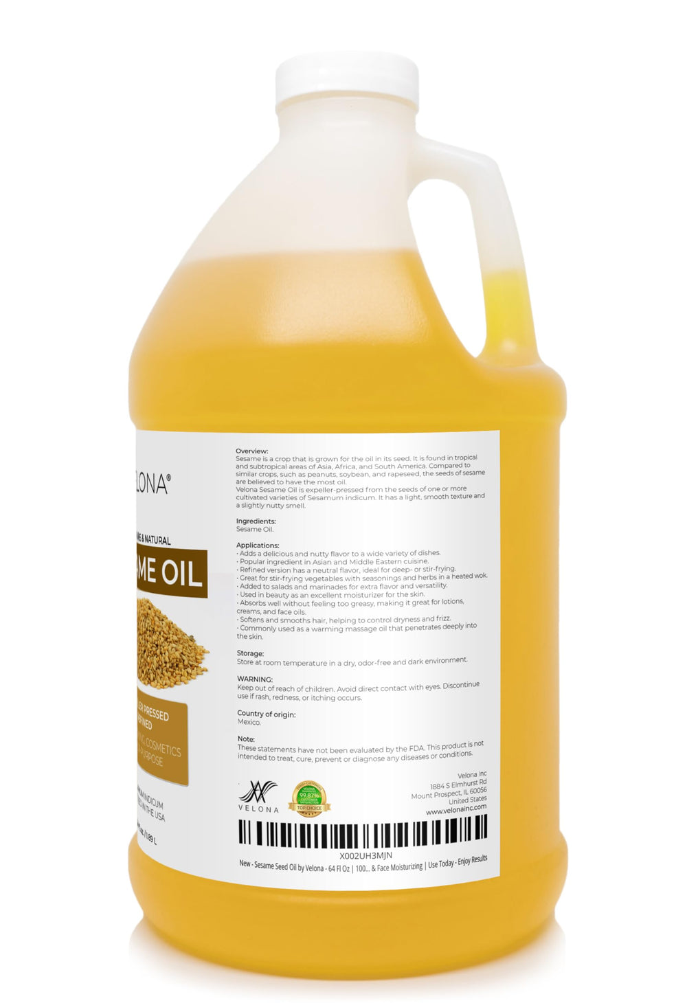 Amber Velona sesame seed oil bottle label shows purity and refinement.