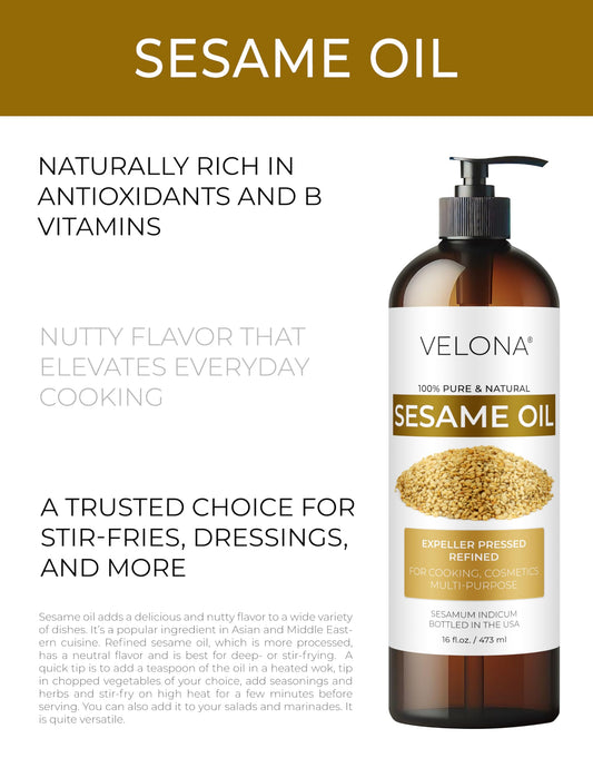 Velona Sesame Seed Oil label close-up emphasizing purity and versatility
