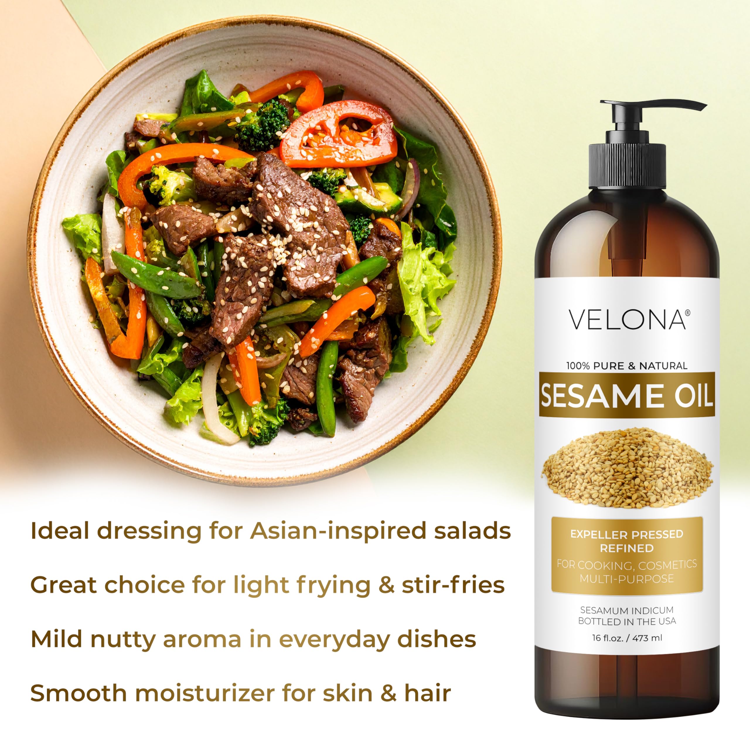 Velona sesame seed oil skin care application with silky, non-greasy feel.
