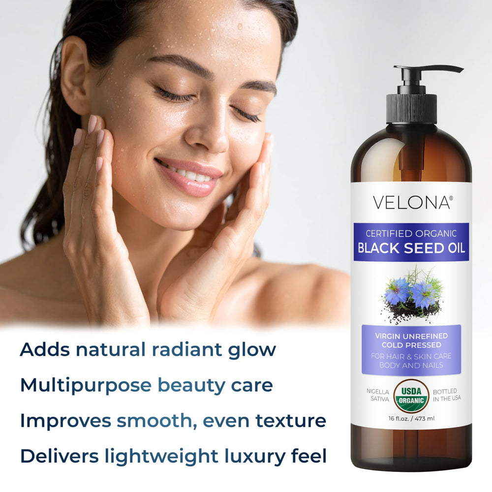 Velona Black Cumin Seed Oil applied to skin for a velvety finish.