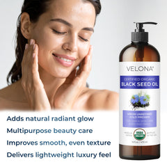 Velona Black Cumin Seed Oil applied to skin for a velvety finish.