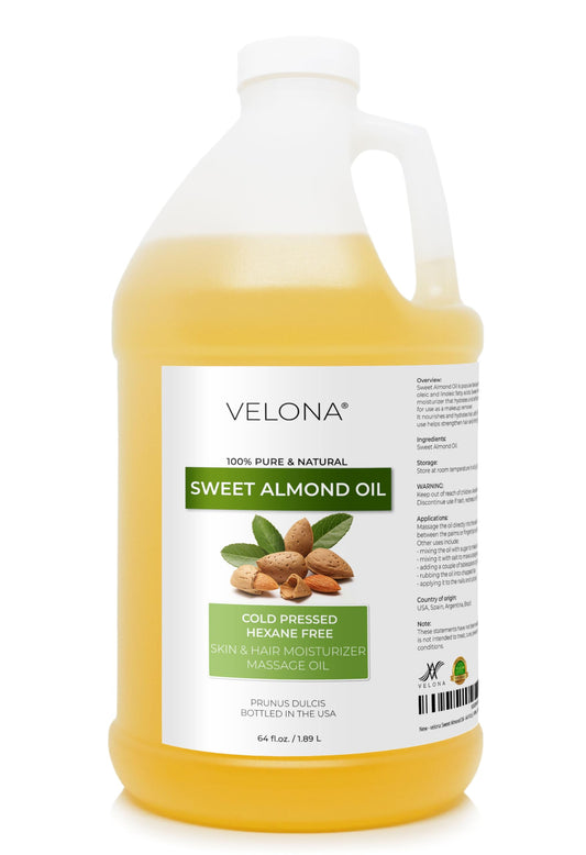 Velona Sweet Almond Oil bottle for daily skin nourishment and hair care.