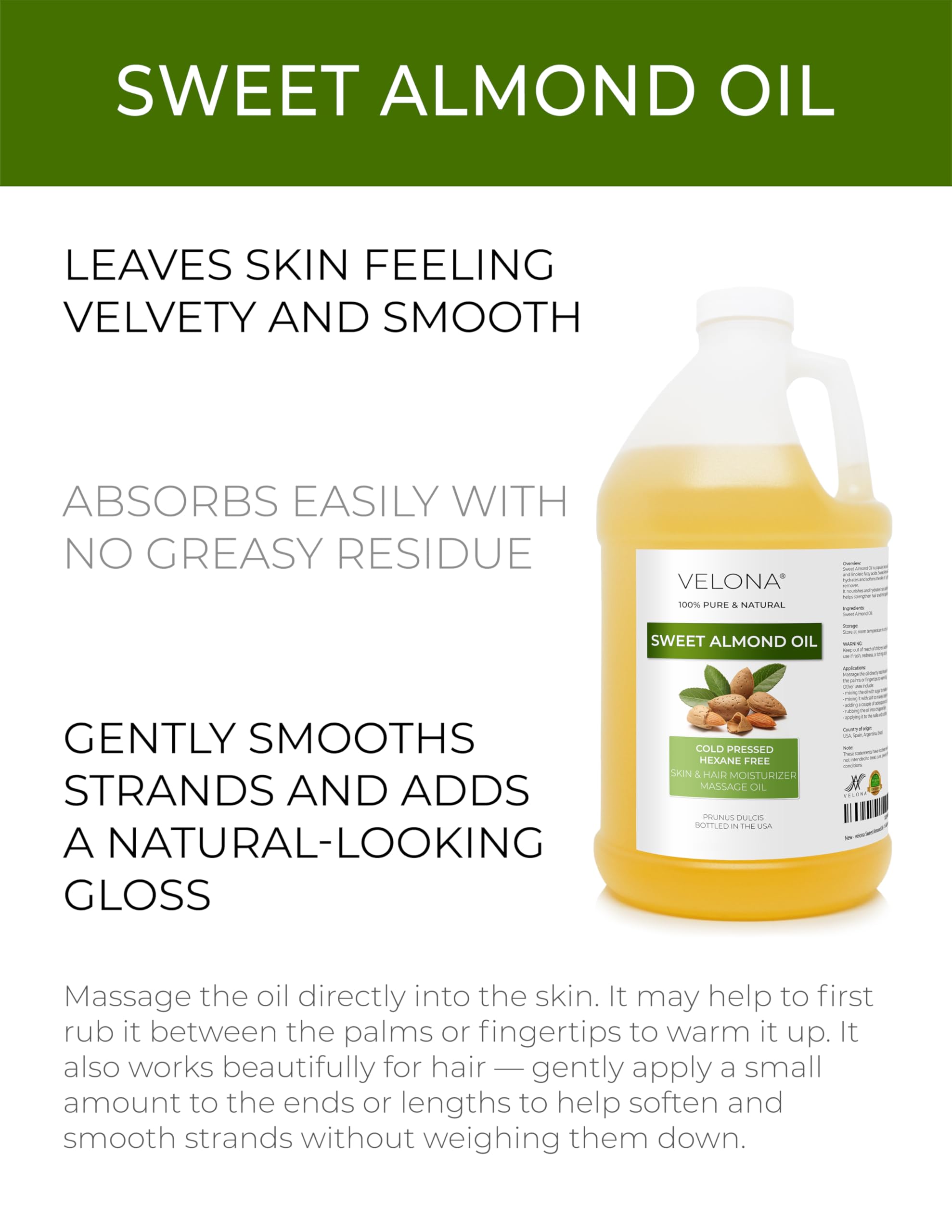 Velona Sweet Almond Oil texture close-up showing silky, lightweight nourishment.