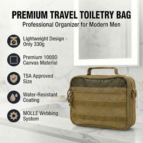 VELVEBAG travel shaving bag in khaki with water-resistant lining protects against spills