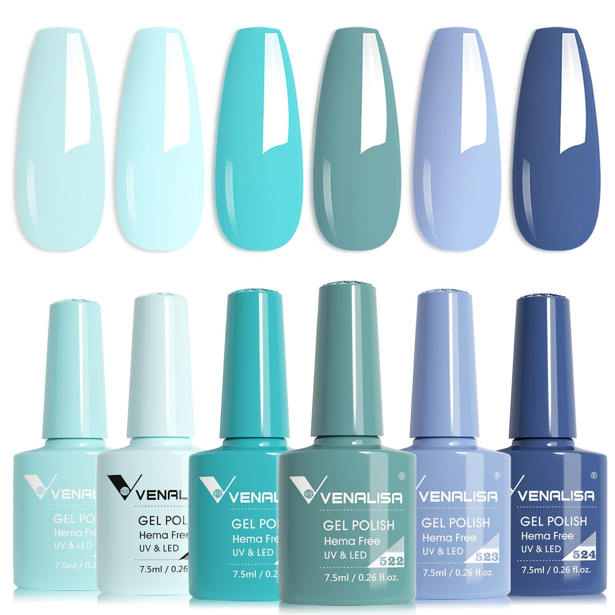 V VENALISA blue gel nail polish set bottles display true color for quick choice.