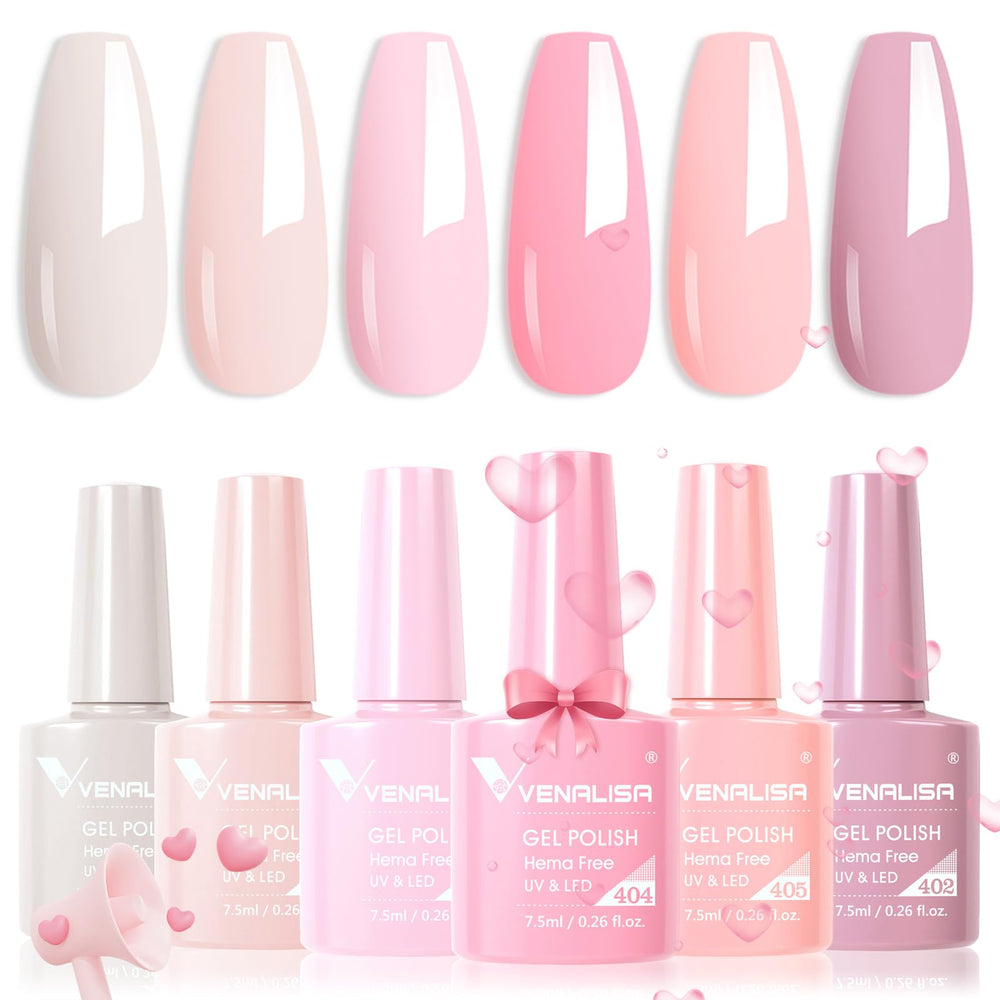 V VENALISA Hema-Free pink gel nail polish bottles showing six color options
