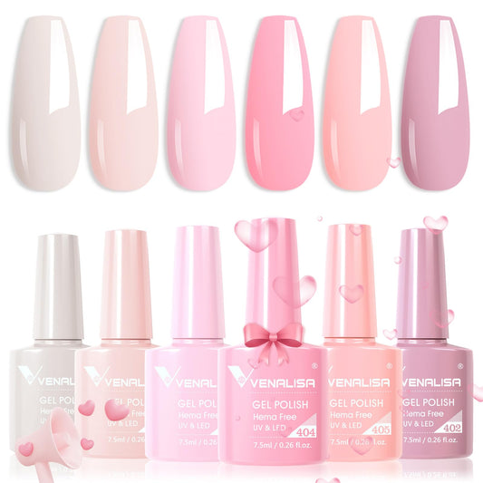 V VENALISA Hema-Free pink gel nail polish bottles showing six color options
