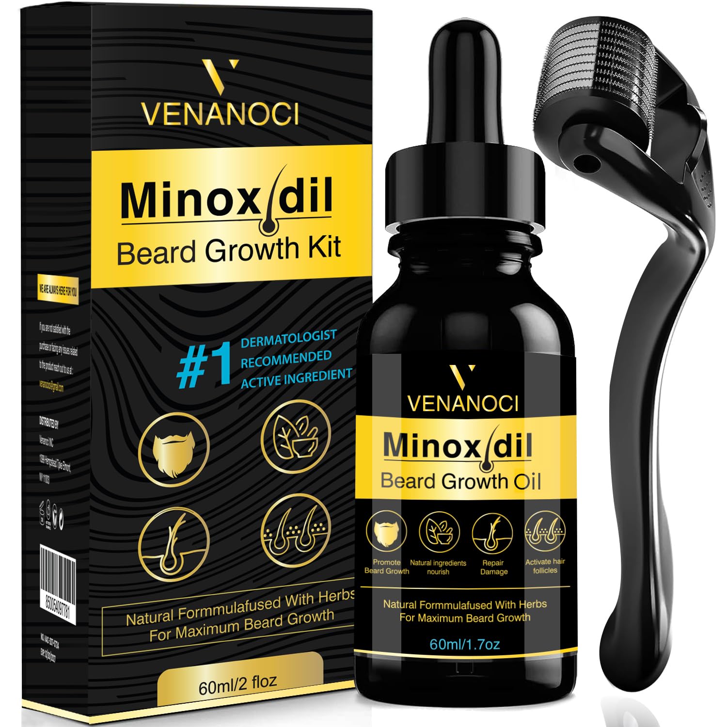 Venanoci 5% Minoxidil bottle for thicker beard growth.
