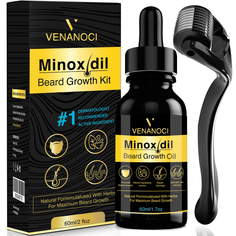 Venanoci 5% Minoxidil bottle for thicker beard growth.