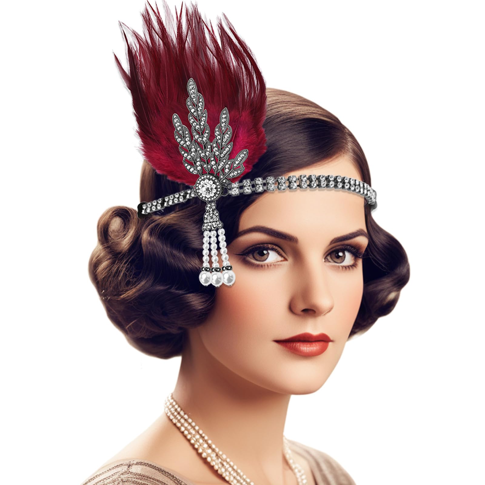 Venofen flapper headband with red feathers and rhinestones for glam Gatsby-era styling.