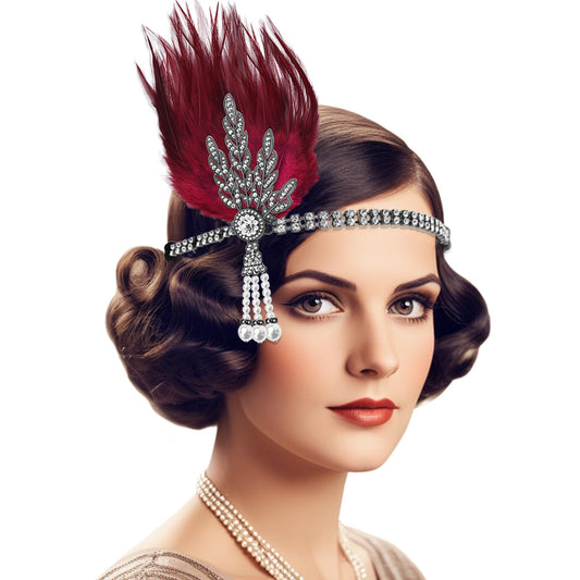 Venofen flapper headband with red feathers and rhinestones for glam Gatsby-era styling.
