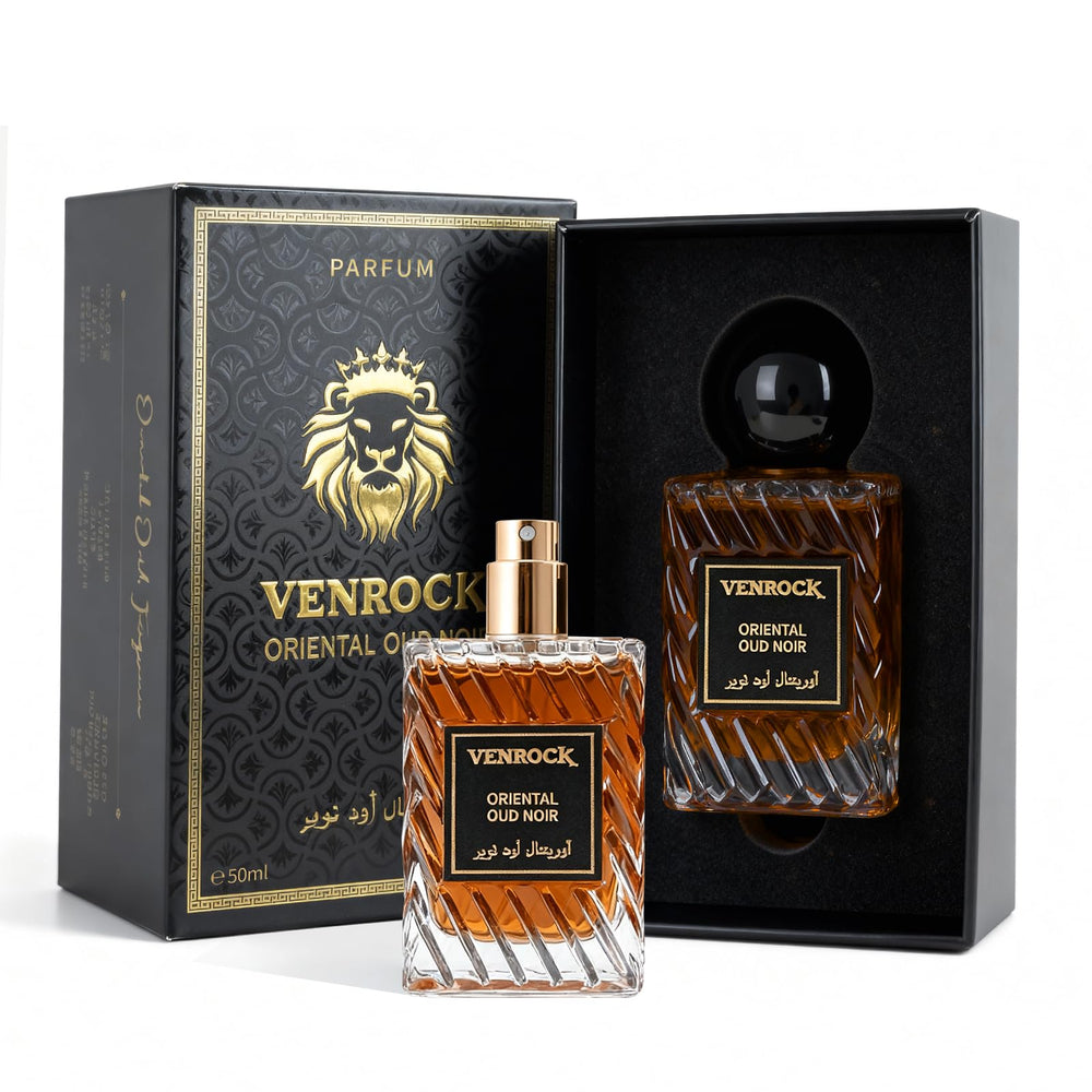 Venrock Oriental Oud Noir bottle front view showcasing premium design