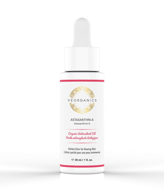 VeOrganics Astaxanthin-A facial oil bottle showing lightweight hydration for all skin types