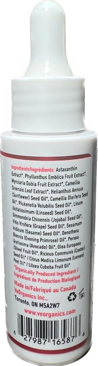 VeOrganics Astaxanthin-A oil dropper highlighting quick absorption and a non-greasy finish