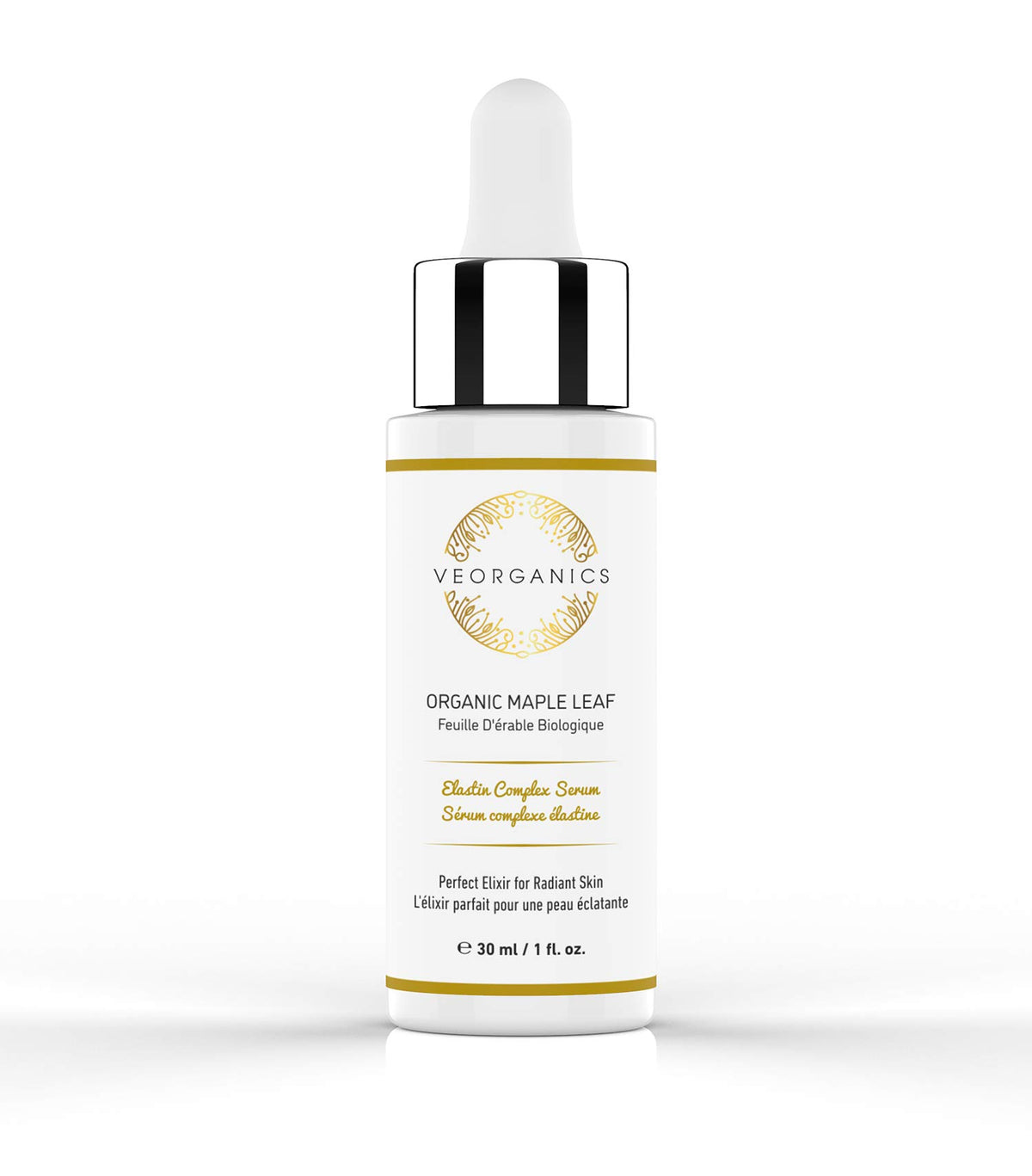 VeOrganics Maple Leaf Serum bottle highlights premium ingredients boosting elasticity.