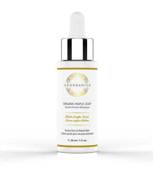 VeOrganics Maple Leaf Serum bottle highlights premium ingredients boosting elasticity.