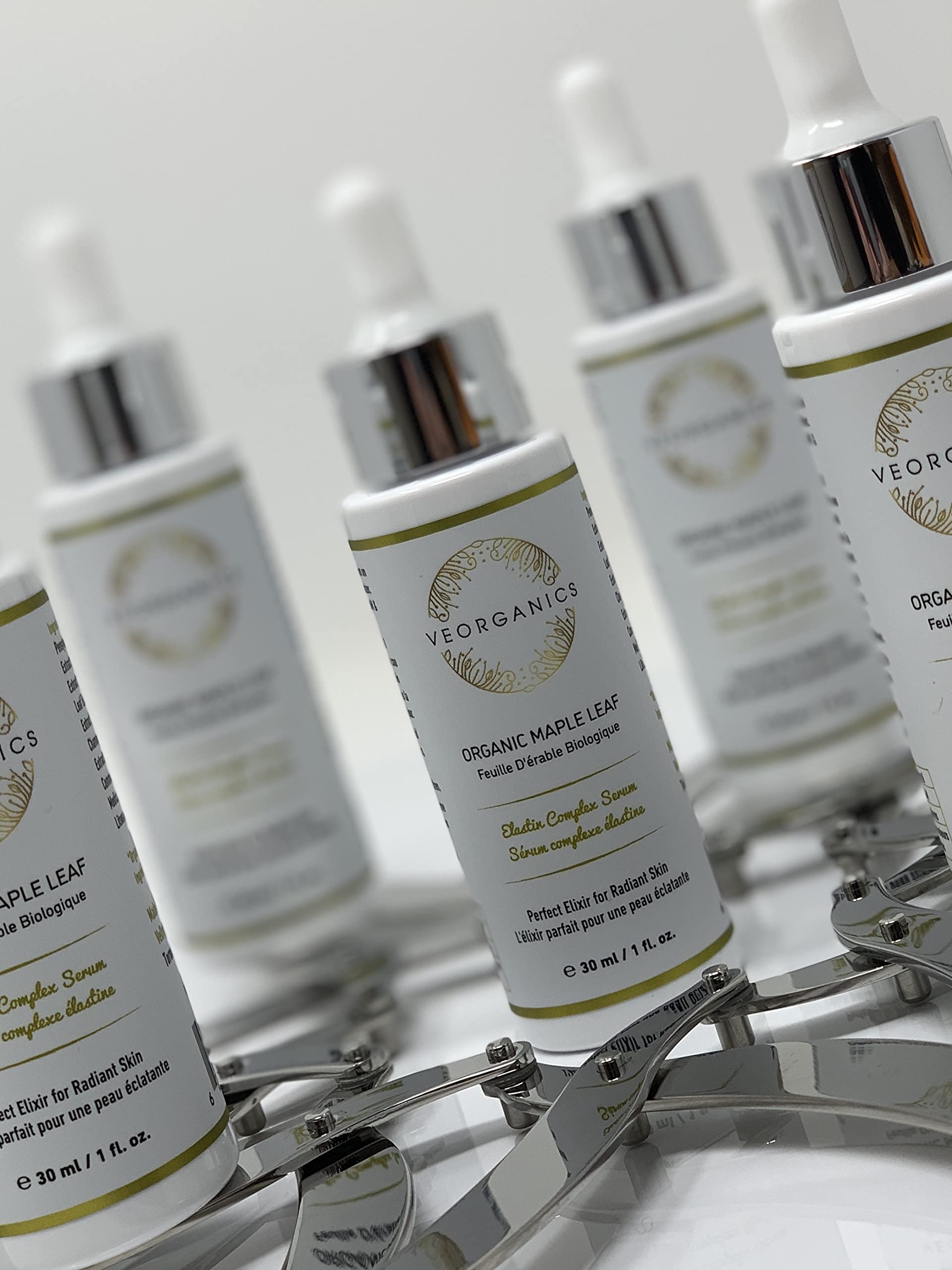VeOrganics Maple Leaf Serum ingredients close-up with Camu Camu and Chamomile.