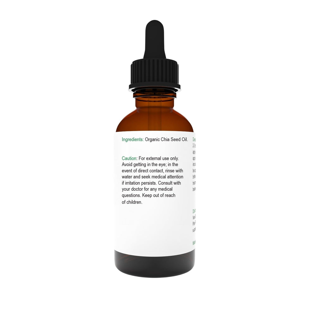 Vera Botanics chia seed oil dropper highlights nourishing scalp and hair health.