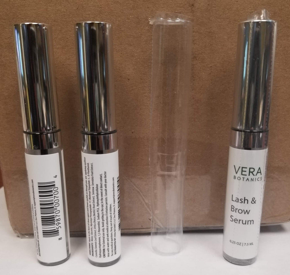 Vera Botanics Lash & Brow Booster Serum ingredients panel highlighted.