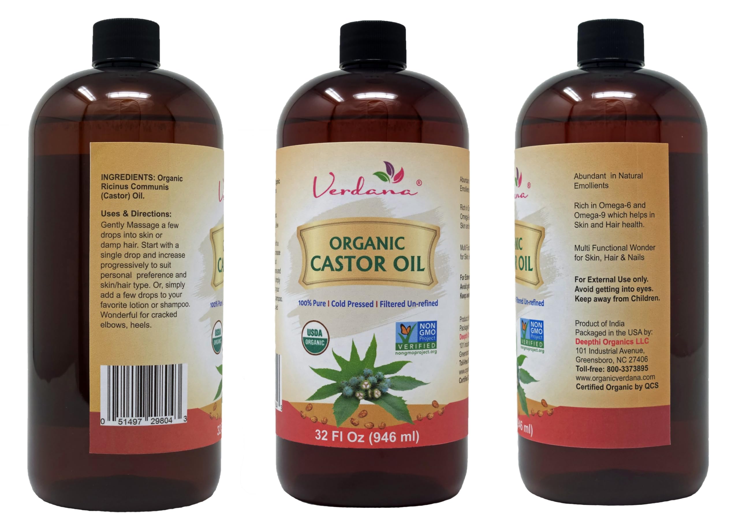 Verdana Organic Castor Oil label details emphasize hexane-free, USDA Organic quality.