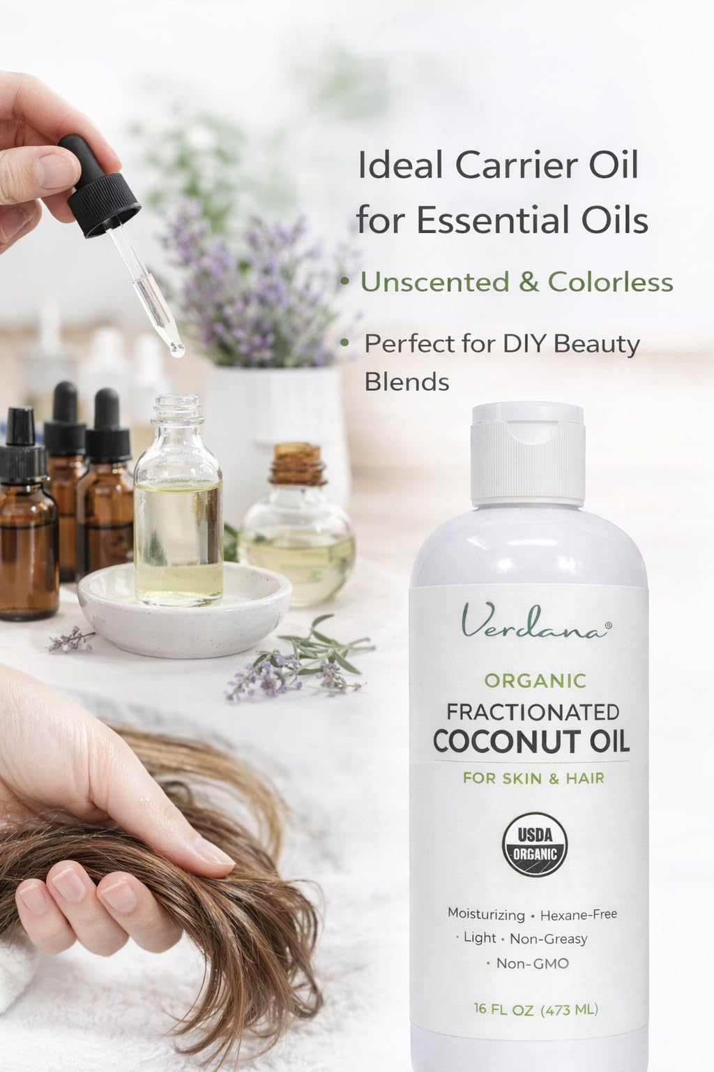 Verdana Organic Fractionated Coconut Oil bottle close-up highlighting purity and organic sourcing.