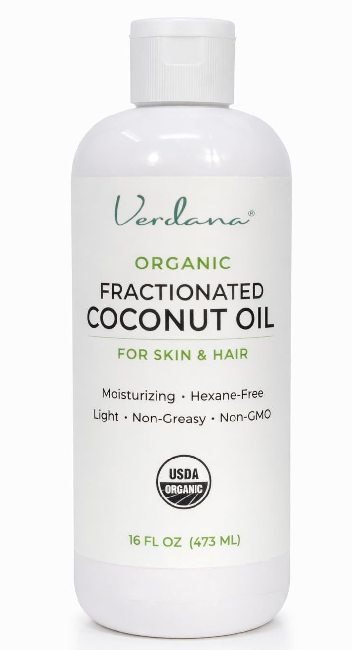 Verdana Organic Fractionated Coconut Oil bottle for lightweight, quick absorption.