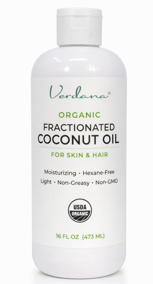Verdana Organic Fractionated Coconut Oil bottle for lightweight, quick absorption.