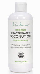 Verdana Organic Fractionated Coconut Oil bottle for lightweight, quick absorption.